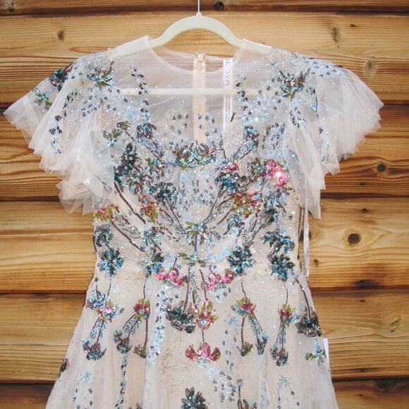 Mac Duggal 20510 Flutter Sleeve High Neck Embellished Floral Dress - Picture 7 of 13